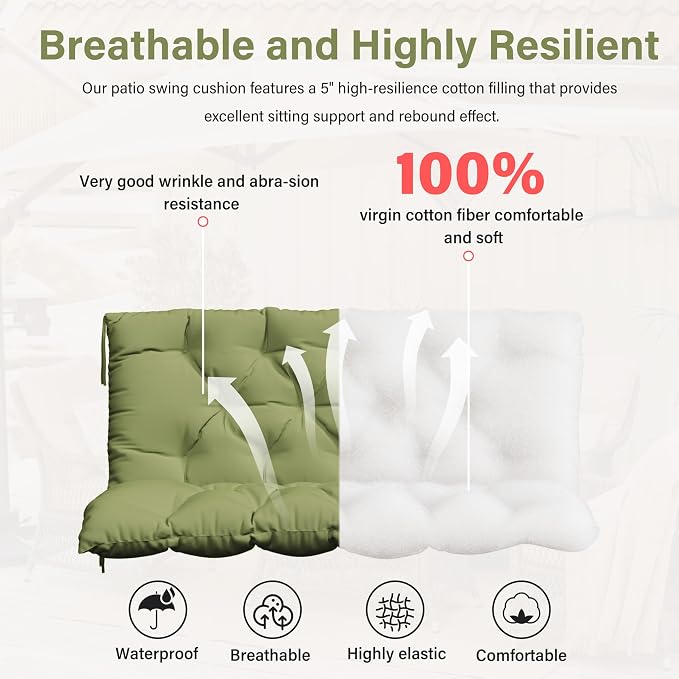 Porch Swing Cushion with Backrest,Waterproof Bench Cushion for Outdoor Furniture,2-3 Seater Replacement Thickened 5 in swing cushion,with Ties,Patio,Outdoor,Backyard and Garden (Light Green,47x40 in)