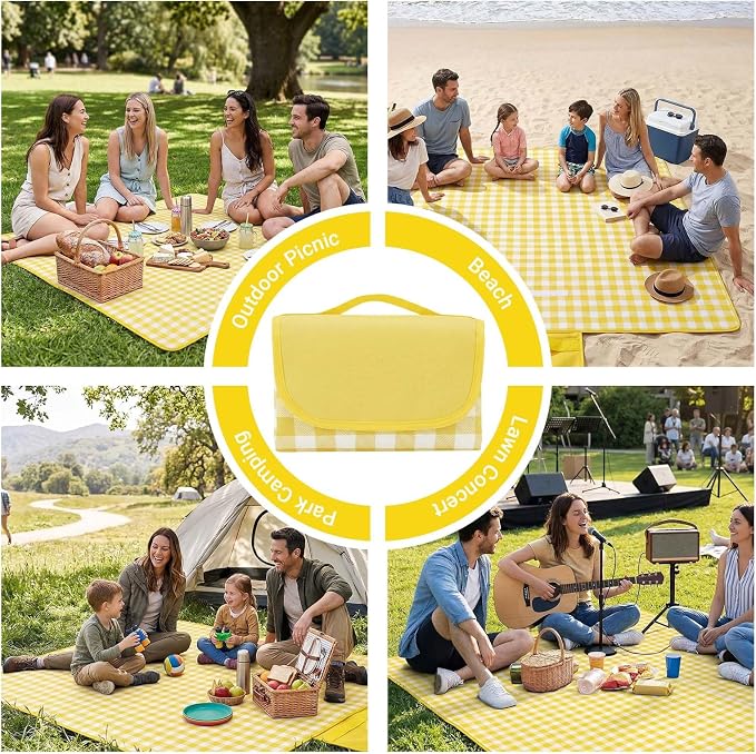 Waterproof Foldable Picnic Blanket Outdoor with Carry Strap,80"X60" Extra Large Beach Blanket Sandproof,Portable Soft Gingham Picnic Mat for Camping Travel Hiking Family Concerts Park(Yellow)