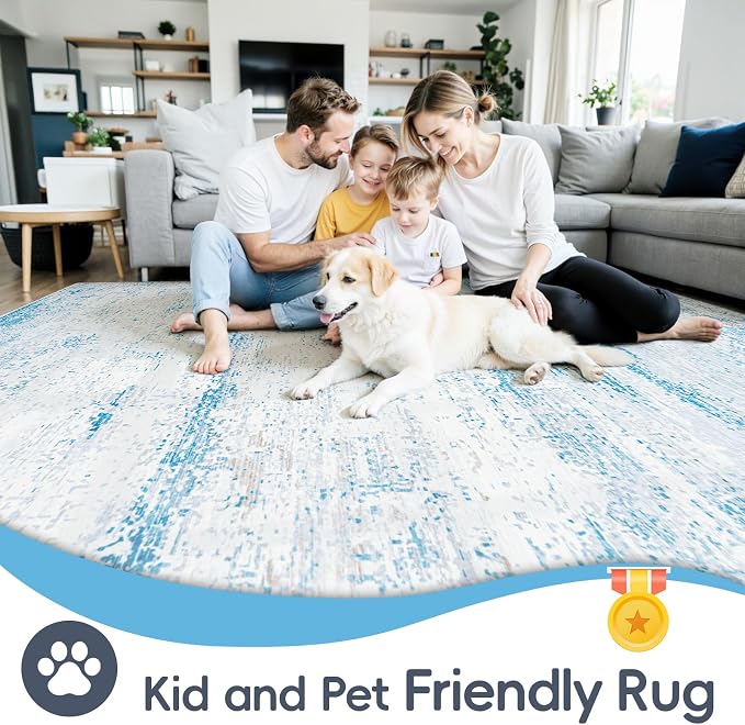 8x10 Washable Area Rug for Living Room Bedroom: Non-Slip Modern Light Blue | Machine Washable TPR Backing, Stain-Resistant Low Pile, Pet & Kid Friendly, Abstract Decor for Dining Room, Dorm, Home Office