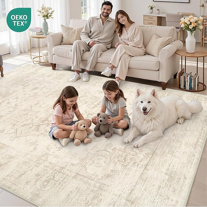 3x5 Area Rugs Living Room: Bedroom Washable Carpet Beige/Brown | Large Vintage Boho Indoor Decor Neutral Soft Nursery Farmhouse Dining Room Office Floor Non-Slip Low Pile Under Table Rug