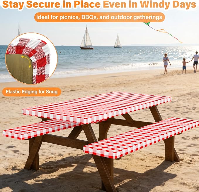 HappyTrends Fitted Picnic Table Cover with Bench Covers - 6FT Dual Layer Waterproof Camping Tablecloth with Windproof Elastic Edging & Bag, Washable RV Camping Essentials (96x30in, Red & White)
