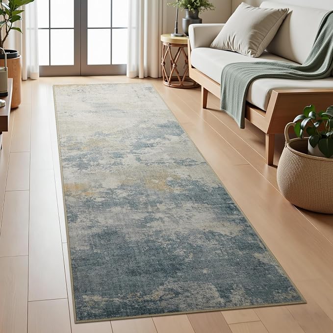 Joydeco 2x6 Washable Runner Rug for Hallway, Modern Abstract Non-Slip Soft Rugs, Low Pile Carpet for Entryway, Bedroom, Kitchen, Laundry, White & Blue & Gold