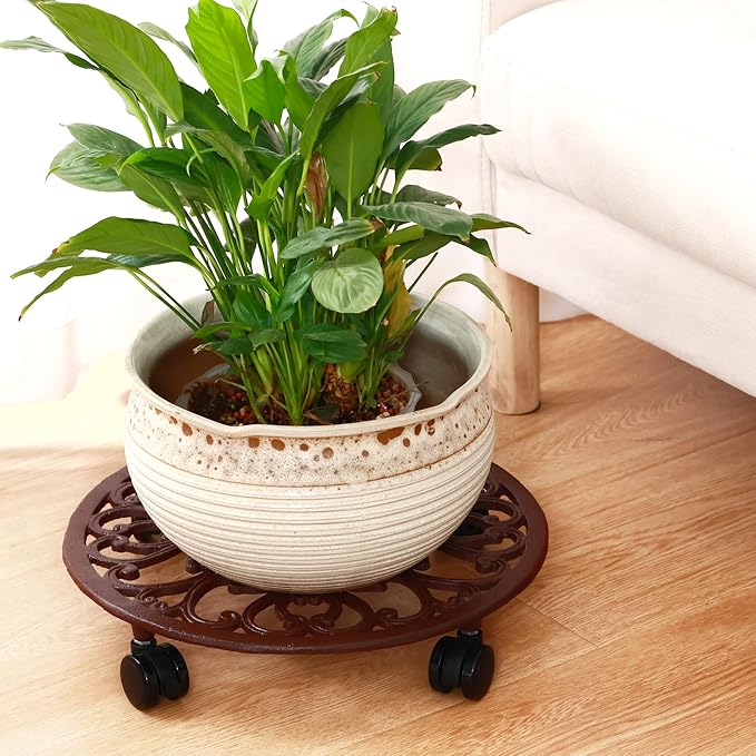 1 Packs 14 Inch Rolling Plant Stand with Wheels Metal Plant Caddy with Wheels Heavy Duty Round Plant Stand Indoor Iron Plants Rollers for Plants, Plant Dolly Brown