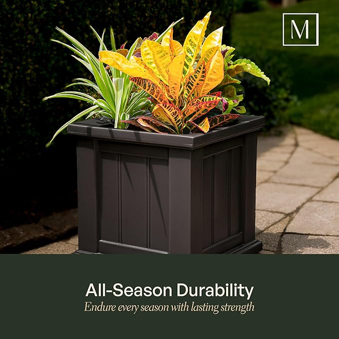 Mayne Cape Cod 16-Inch Square Planter – Self-Watering, Weather-Resistant Planter for Flowers – Durable Outdoor Design for Patio, Porch, or Entryway
