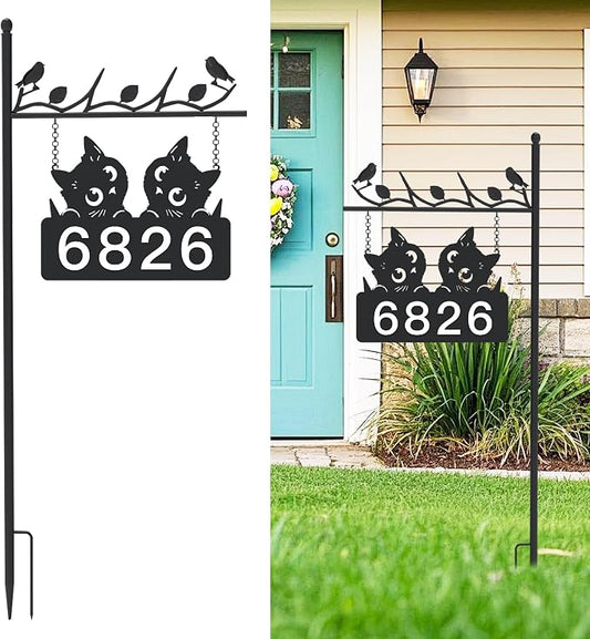 Metal Address Sign for Houses, House Numbers for Outside, Double-Sided Reflective Home Address Sign For Yard, Mailbox Decor Numbers, Address Plaques for High Visibility (Black Cat)