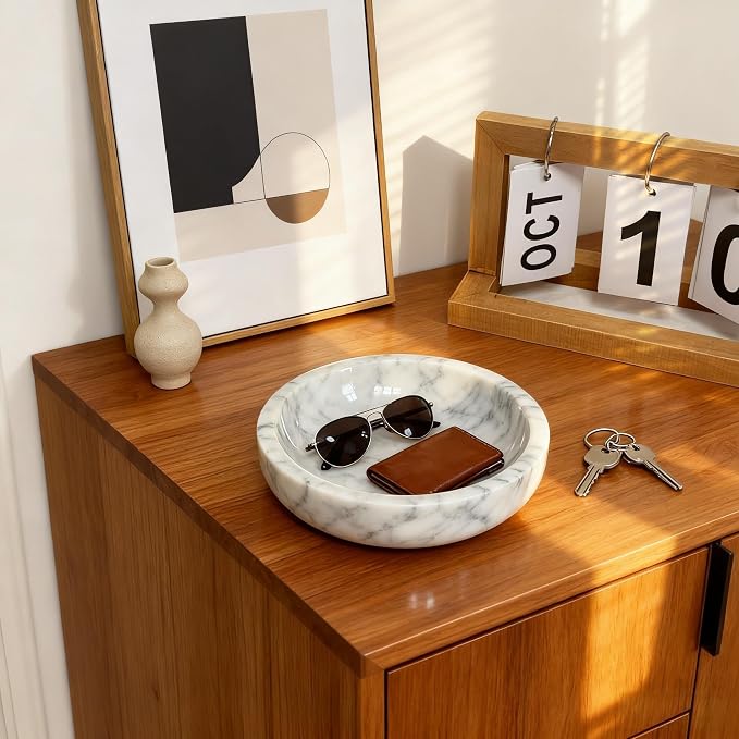 White Marble Decorative Bowl, 5.9-Inch Small Natural Stone Catchall Dish for Keys, Rings, Jewelry and Trinkets, Entryway Table, Vanity, Nightstand and Dresser Decor