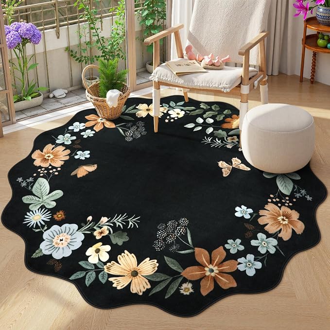 Lahome Floral Washable Round Rugs, Non-Slip Soft Round Rug 4ft Ultra-Thin | Small Boho Circle Carpet for Entryway Kitchen Bedroom Nursery Bathroom Flore Black/Grey