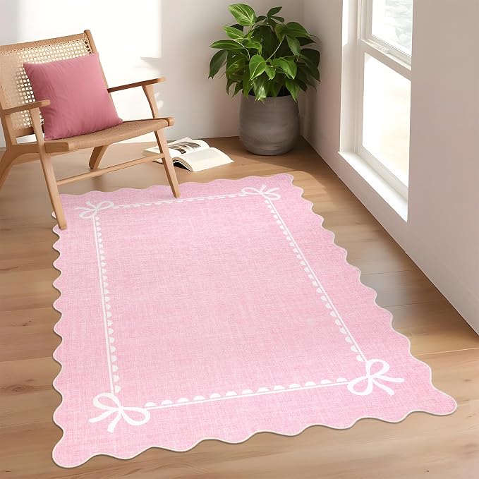 GarveeHome Scalloped Bow Rug 3x5 Washable Pink Rugs for Bedroom Living Room | Non Slip Soft Low Pile Indoor Carpet for Nursery Girls Bedroom Decor Hallway Kids Room College Dorm Playroom