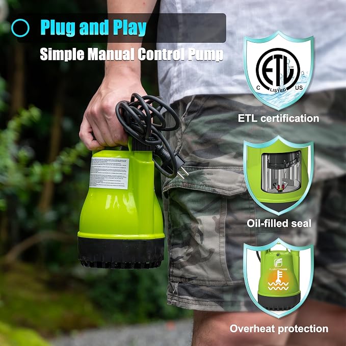 FLUENTPOWER 1/4HP Utility Pump 1900GPH Portable Submersible Sump Pump, Manual Control with 16.4 Ft Cord for Draining Water from Pool Pond Garden Hot Tub Basement Tankless Heater Liquids