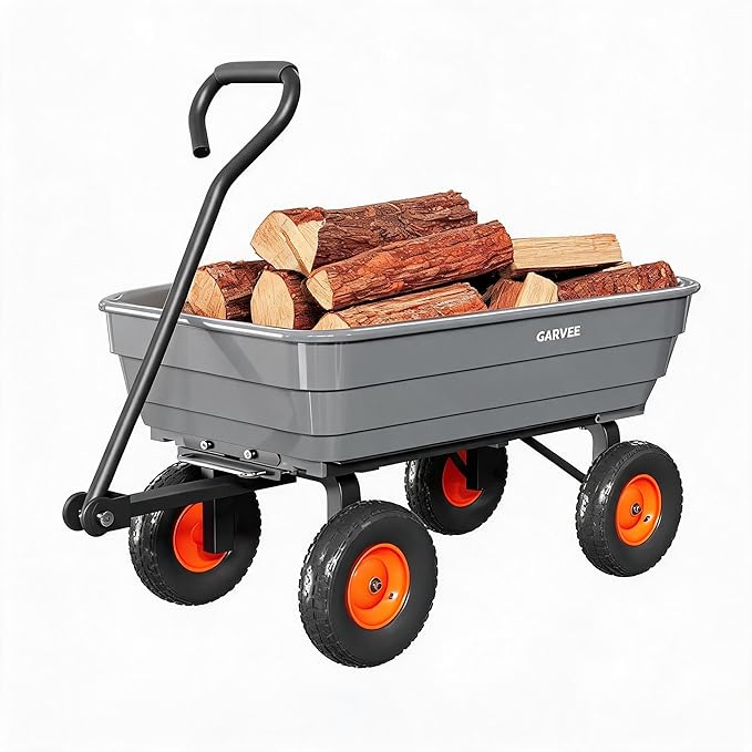 Garvee Poly Garden Dump Cart, Heavy Duty 600lbs Wheelbarrow Yard Cart Dump Wagon with 10”All Terrain Wheels, Garden Utility Wagon with Quick Release System& Convertible Handle Attach to ATV (Gray) | Heavy Duty,10”All Terrain Wheels, Garden Utility Wago...