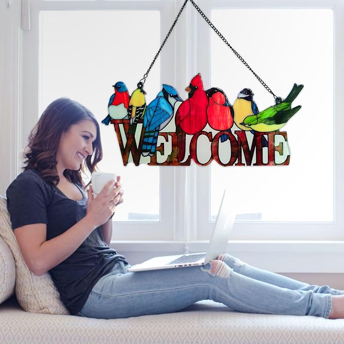 JOYBEE Birds On Branch Stained Glass Suncatcher Cardinal Hummingbird Kingfisher Double Side Glass Panel Window Hanging Decor Bird Ornament Bird Lover Gift for Mom Grandma