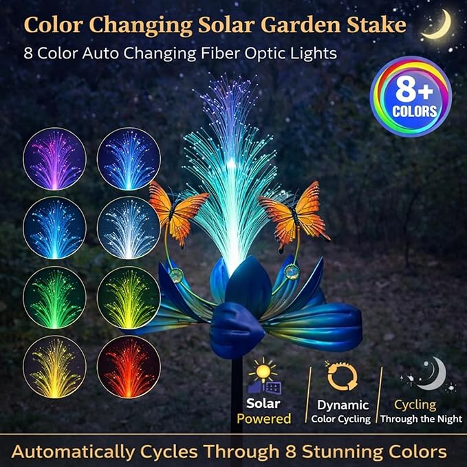 Solar Wind Spinner Outdoor, 49" Lotus Flower & Butterfly Metal Wind Spinner with Color-Changing Fiber Optic Solar Lights, Kinetic Garden Windmill Yard Art for Lawn Patio Pathway Decor