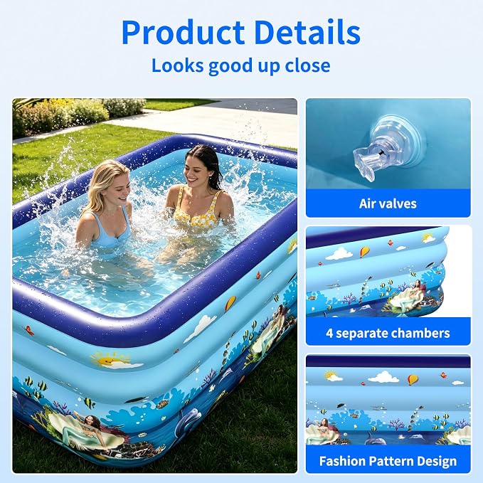 HAIKE Inflatable Pool for Adults and Kids, Summer 4 Layer Thickened Swimming Pool, Rectangle Blow Up Pool for Backyard Garden, Family Full-Sized Kids Pool Outdoor Water Party (47.2"x35.4"x29.5")