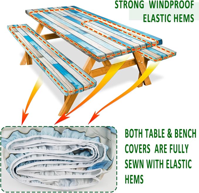 Picnic Table Cover with Bench Covers Camping Essentials Reusable Waterproof Windproof Camping Tablecloth Fitted Rectangle Tables and Seats, 72in, Blue White Wood