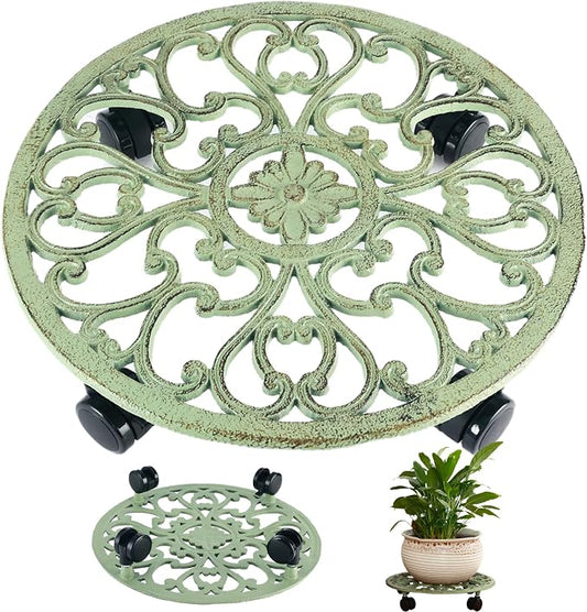 14 Inch Rolling Plant Stand with Wheels Metal Plant Caddy with Wheels Heavy Duty Round Plant Stand Indoor Iron Plants Rollers for Plants, Retro Green Plant Dolly 1 Pack