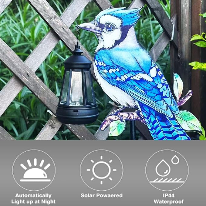2 Pack Solar Lanterns Outdoor Decor Solar Bule Jay Lanterns Solar Cardinal Redbird Lights Metal Stake Yard Garden Decor Art Figurine Waterproof LED Lights Gifts for Mom Grandma Women(Blue Jay)
