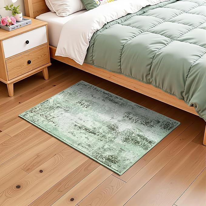 Green Washable Small Area Rug, 2x3 Abstract Non-Slip Door Mat, Modern Low Pile Indoor Entryway Rugs, Stain Resistant Throw Carpet for Front Door, Kitchen, Entry, Inside Entrance