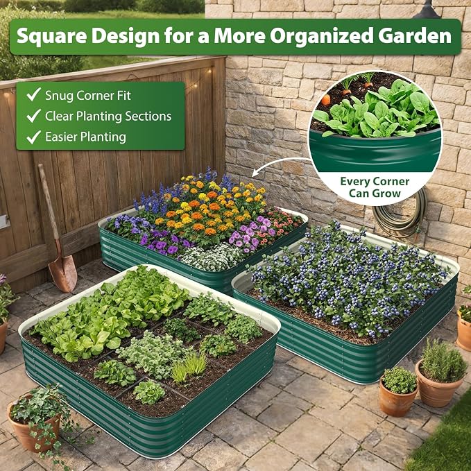 16.5" Deep Square Galvanized Raised Garden Bed 4x4 ft – Large Metal Planter Box for Vegetables, Flowers & Herbs – Heavy Duty Outdoor Above Ground Gardening Bed with Easy Assembly (Green)