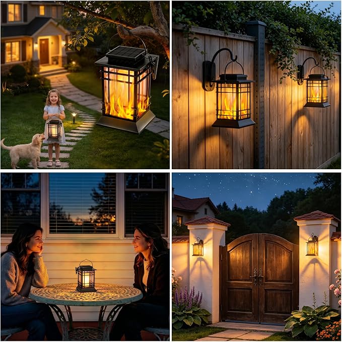 Brightever Hanging Solar Lanterns Outdoor Waterproof, Flickering Flame Solar Lantern Outdoor Lights, Auto ON/Off Solar Powered Lanterns Decorative Outdoor for Garden Front Porch Tree Decor, 2-Pack