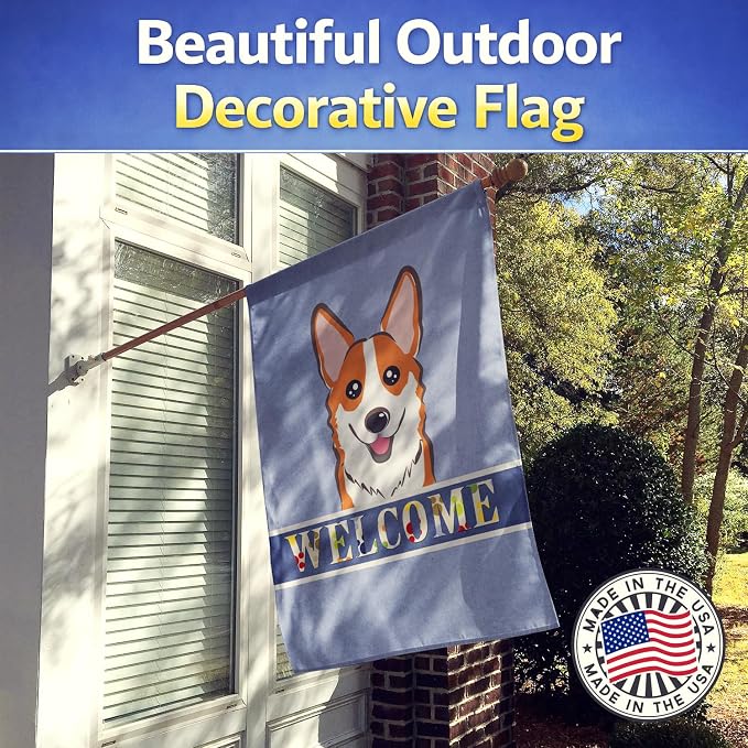 Caroline's Treasures BB1440CHF Red Corgi Welcome House Flag, Blue Large Porch Sleeve Pole Decorative Outside Yard Banner Artwork Wall Hanging, Polyester, House Size, Multicolor