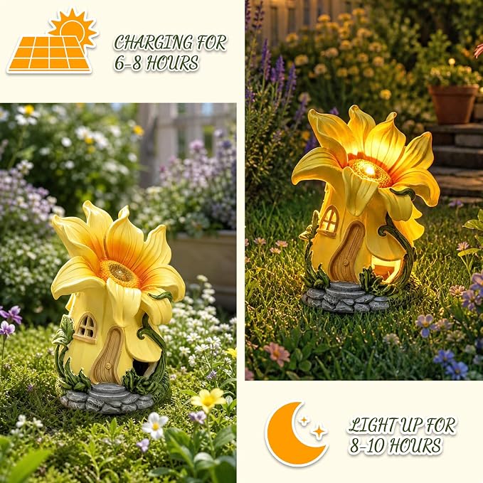 Fairy Garden House with Solar Light,Outdoor Figurine Lights Garden Statues,Yard Decorations Outdoor Fairy Garden Accessories,Decor Gifts for Mom Women (Sunflower)