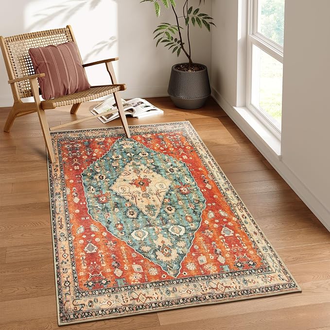 Lahome Felice Boho Tribal 3x5 Washable Entry Throw Rugs for Bedroom, Bohemian Entryway Kitchen Rugs Non Slip Washable, Indoor Low-Pile Carpet for Bathroom Living Room (Rust/Dull Teal,3x5ft)