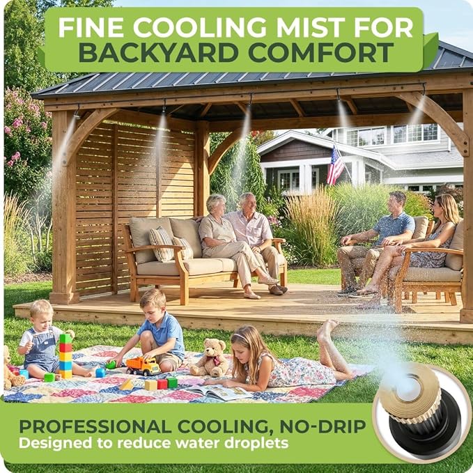 Misting System for Patio, 75 FT Outdoor Misters for Outside Patio Cooling, Fine Mist Mister Kit with Flexible Rod Nozzles, Garden Faucet Setup for Pergola, Garden, Greenhouse, Backyard, Black