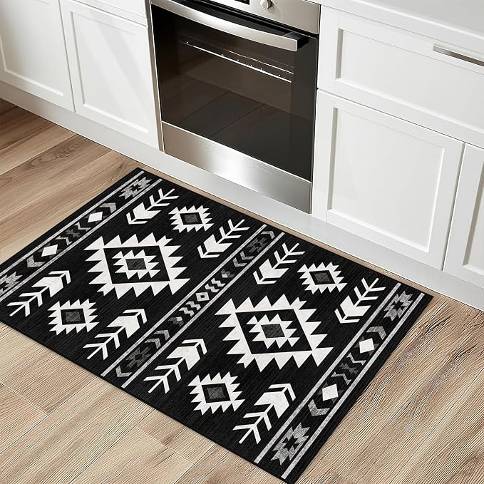 Western Area Rug 4x6 for Living Room, Southwestern Aztec Tribal Area Rugs Southwest Navajo Machine Washable Rug Non-Slip Printed Low-Pile Floor Carpet for Bedroom Dining Room Office, Black