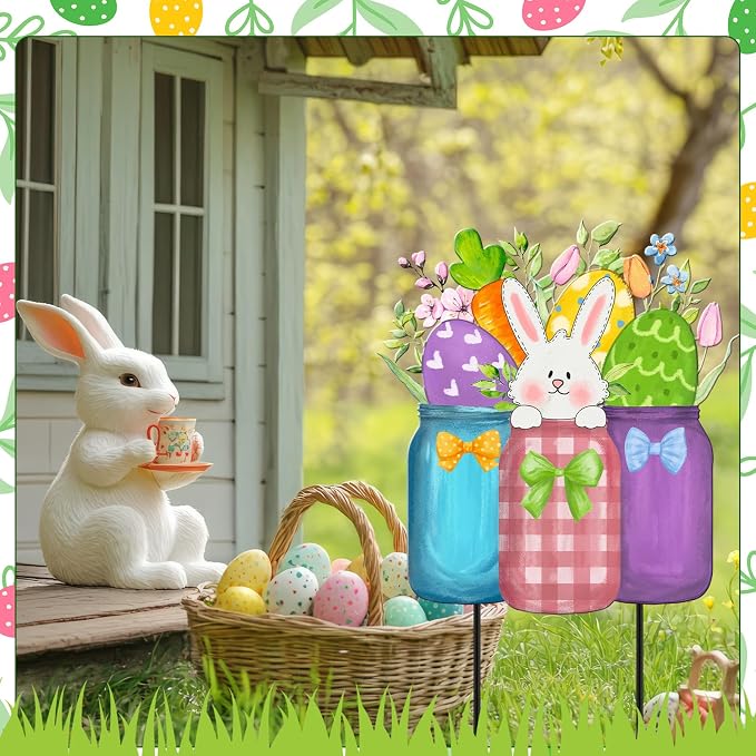 MorningRo Easter Yard Decor Outdoor, 26" Cute Bunny Metal Decorations, Easter Metal Yard Stakes Sign Bunny Mason Jar Garden Stake for Outdoor Spring Holiday Pathway Home Lawn Garden Sign Decor
