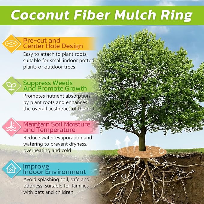 Legigo 6pcs Coconut Fiber Mulch Ring Tree Plant Protector Mat, 18 Inch Natural Coco Coir Tree Mulch Ring Plant Pot Soil Cover, Tree Rings Disc Plant Cover for Indoor Outdoor Plants, Landscaping