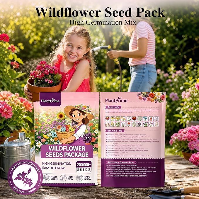 Wildflower Seeds Bulk (4oz) – 20 Varieties 200,000+ Perennial & Annual Mix, High Germination, Attracts Bees, Butterflies & Hummingbirds for Outdoor Pollinator Garden, Non-GMO Easy Grow