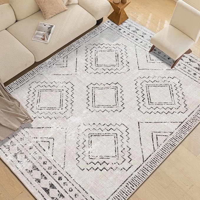ILANGO Moroccan Area Rugs 3'x5' for Living Room Machine Washable Boho Area Rugs Dedroom with Rubber Backing Non Slip Carpet for Farmhouse Dining Room, Ultra-Thin, Foldable, Easy Clean