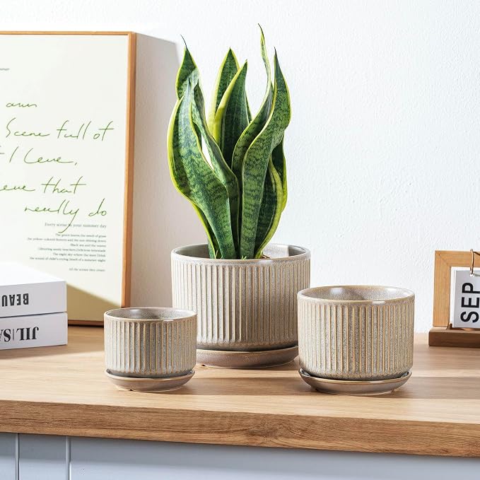 SURE YUESI Ceramic Plant Pots Set of 3, Indoor Outdoor Planters with Drainage Hole and Saucer, Ceramic Flower Pots for Indoor Plants, 4.3+5.5+6.8 Inch, Home, Garden, Patio and Office, Matte Grey