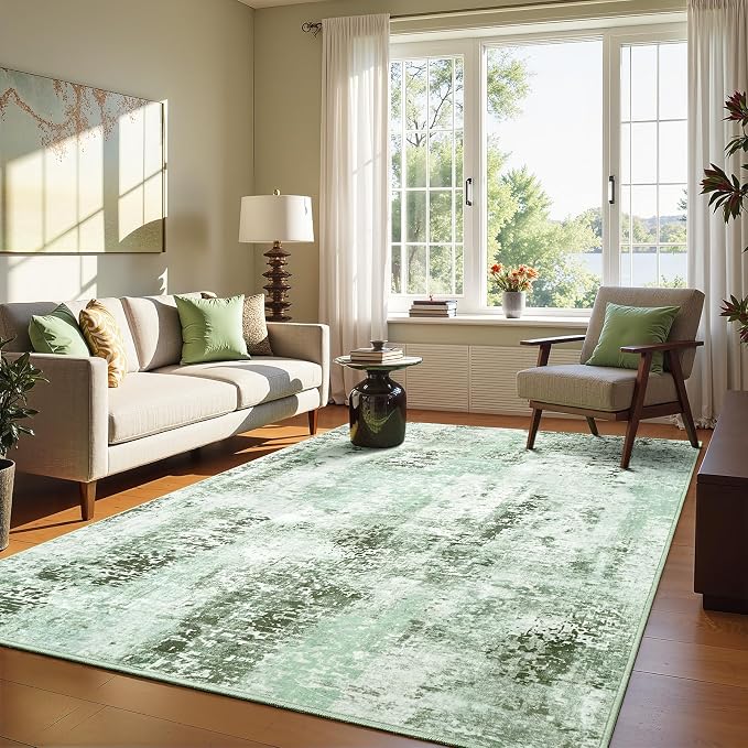 5x7 Green Washable Area Rug for Living Room Bedroom, Modern Abstract Non-Slip Rugs, Low Pile Soft Stain Resistant Carpet for Dining Room, Office, Dorm Decor