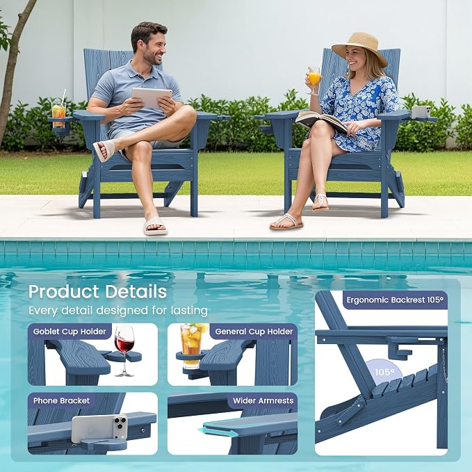 SERWALL Modern Folding Adirondack Chair Set of 2, Weather Resistant HDPE Outdoor Adirondack Chair with Dual Cup Holders, Fire Pit Chair for Patio Lawn Garden, Blue