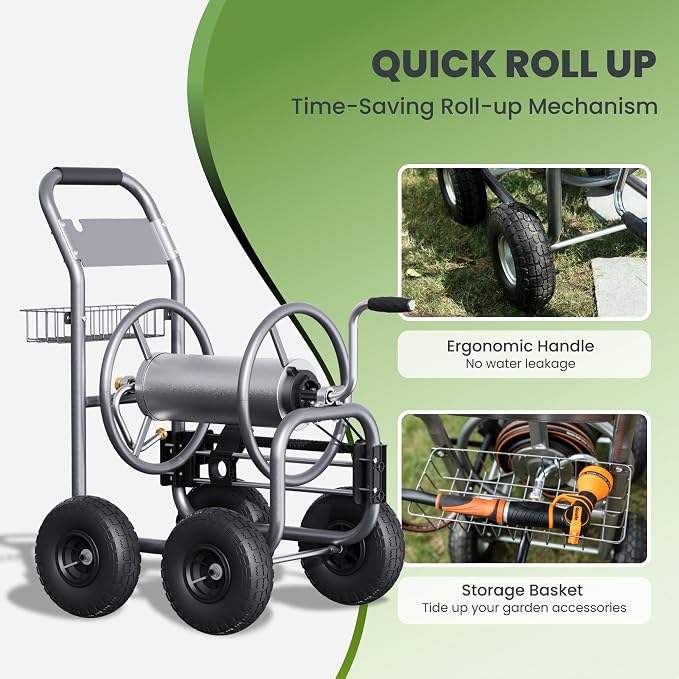 Giraffe Tools Heavy Duty Garden Hose Reel Cart with Wheels - Industrial Outdoor Hose Storage Reel, Pre-Installed Guide for 250-Feet of 5/8" Hose Capacity