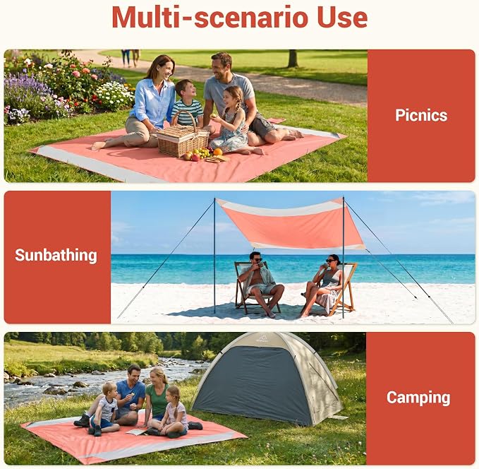 Wolfwise 78" × 108" XXL Beach Blanket, Waterproof & Sandproof Picnic Mat with 4 Sand Pockets & 4 Stakes, Windproof Outdoor Camping Beach Mat, Lightweight, Fits 6 People, Blue