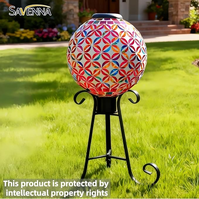 SAVENNA Mosaic Solar Gazing Ball 10 Inch, Glass Garden Globe with Auto On/Off for Yard, Lawn & Outdoor Decor, Multicolor Geometric