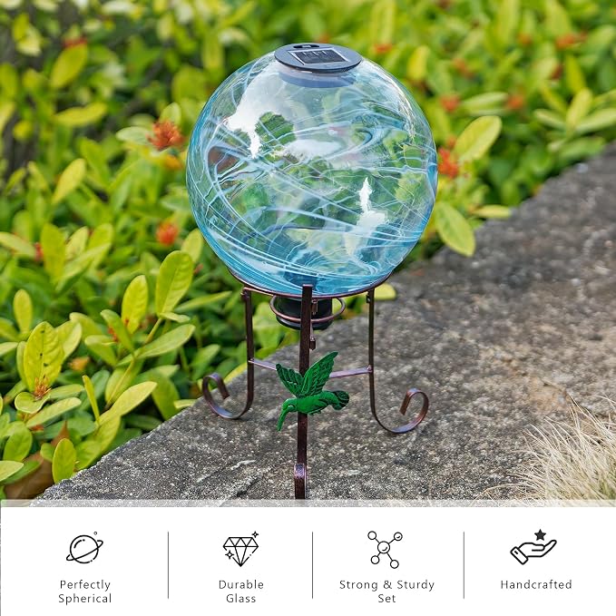 10 Inch Solar Glass Gazing Ball with 9.4" H Metal Stand | Solar Gazing Globe Lights Display Holder Set for Outdoor Garden Lawn Yard Decoration, Blue Water Ripple