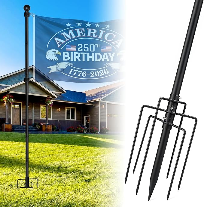 304 Stainless Steel 8FT In Ground Flag Pole with 7 Prongs Base, Heavy Duty Extra Thick Camper Flag Pole, 1 Inch Inground Flag Pole for Outside House, Yard, Garden (Black-8FT)
