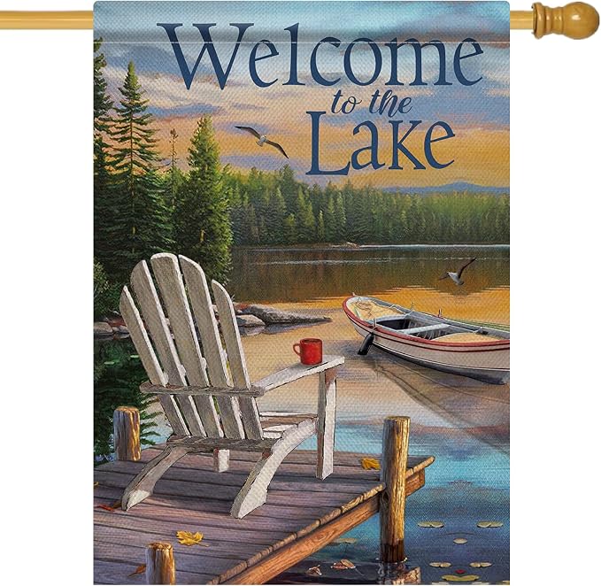 Furiaz Summer Spring Welcome to the Lake Adirondack Chairs Decorative House Flag, Lakehouse Lakeside Boat Ocean Garden Yard Outside Burlap Decoration Outdoor Large Decor Double Sided 28x40