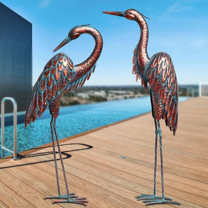 Kircust Outdoor Metal Crane Statues, Heron Sculptures for Garden Yard | Bronze 27.56" Tall, Set of 2 Heron Sculptures, Weatherproof, Patio Decor, Art
