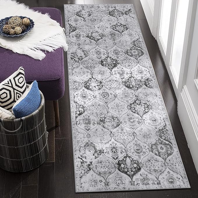Lahome Moroccan Washable Runner Rug, 2x6 Grey Kitchen Runners for Hallways | Trellis 6 Feet Non Slip Vintage Laundry Room Rug Ultra-Thin Carpet for Bathroom Bedroom Entryway Elise, Silver Grey