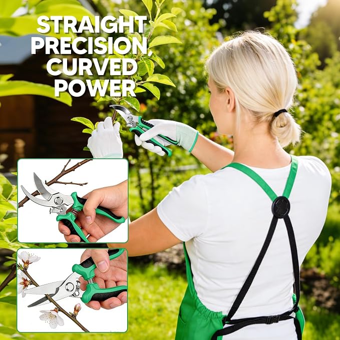 4PCS Harvest Apron Set, Gardening Apron with Adjustable Cross Strap & Multi-Pocket for Men Women, Includes Curved & Straight Garden Shears & Non-Slip Gloves, for Gardening, Harvesting