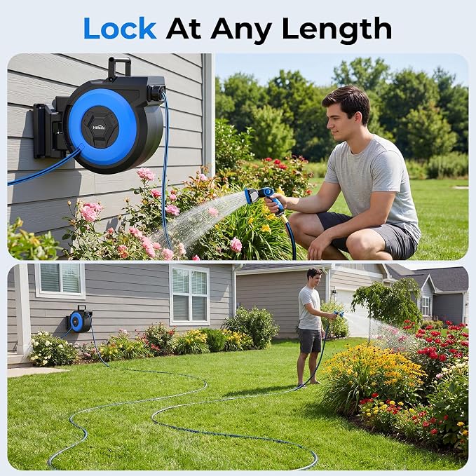 Retractable Garden Hose Reel, 1/2" x 131FT Heavy Duty Automatic Retractable Hose Reel Wall Mount, with 10- Function Sprayer Nozzle, Any Length Lock/Auto Rewind/180°Swivel