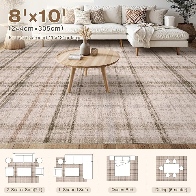Tortania Area Rug Living Room Rugs - 8x10 Washable Large Soft Neutral Boho Moroccan Bohemian Farmhouse Rug Indoor Floor Carpet for Bedroom Under Dining Table Home Office Decor - Taupe