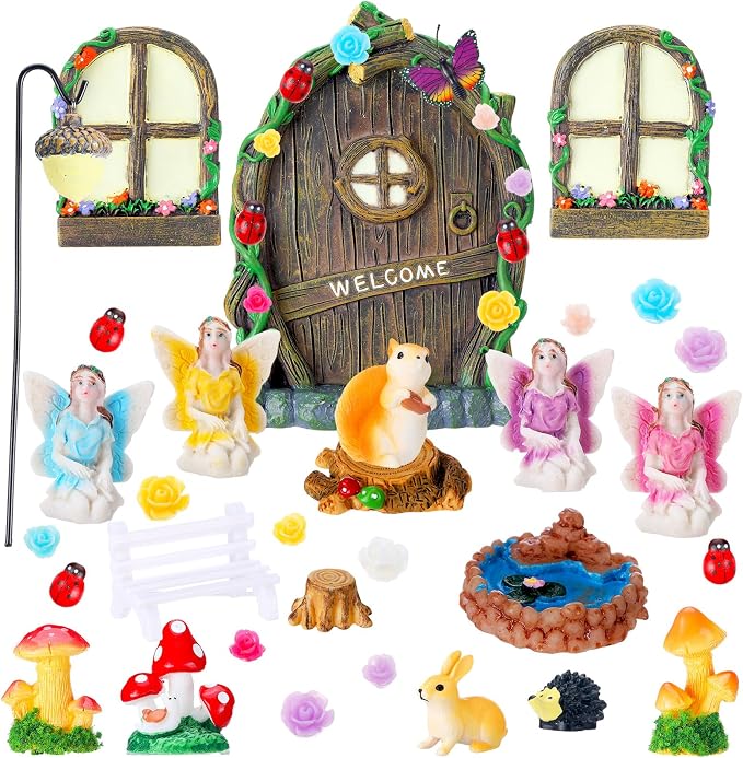 Thyle 47 Pcs Fairy House Garden Accessories Kit Glow in the Dark Mushroom House Resin Outdoor Village Door Window Figures Garden Miniature for DIY Room Wall Tree Outdoor Decorations