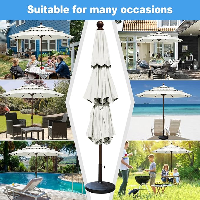 Eurmax USA 10-Year-Non-Fading 10FT 3-Tier Outdoor Patio Market Umbrella,UPF50+ UV Resistant,Heavy Duty Commercial Grade,Crank Lift Design,Windproof Vented Top for Garden,Pool,Deck,Natural