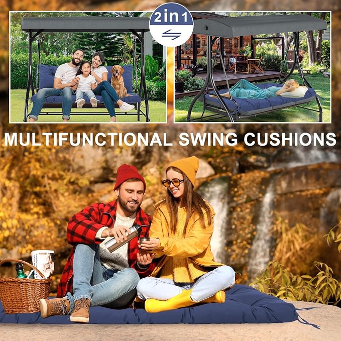 Porch Swing Cushions Waterproof Outdoor Swing Cushion 2-3 Seater Thicken 5" Patio Swing Cushion with Backrest 70 ×40" Swing Replacement Cushion for Outdoor Furniture （Navy Blue）