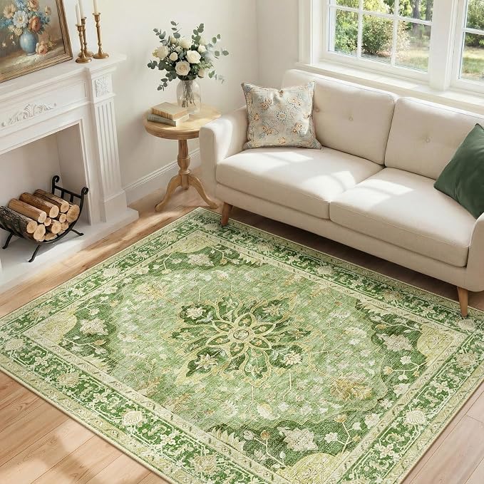 RELEANY Washable Area Rug, 4'x6', Green/Yellow | Non-Slip, Water Repellent, Pet Friendly, Easy to Clean, Vintage Floral Boho Decor for Living Room Bedroom Kitchen Office